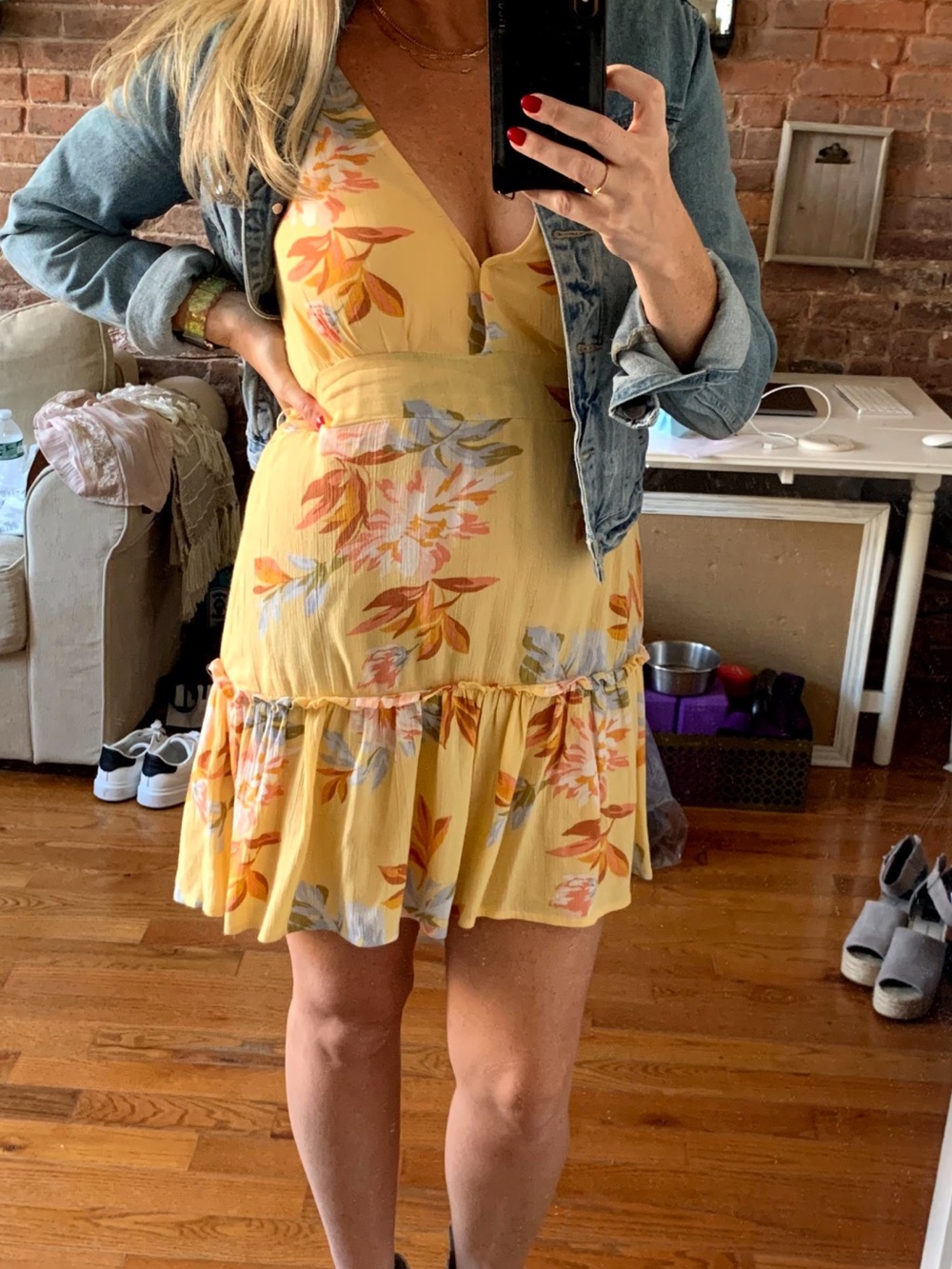Billabong Yellow Floral Wrap Mini Dress with Tie Waist